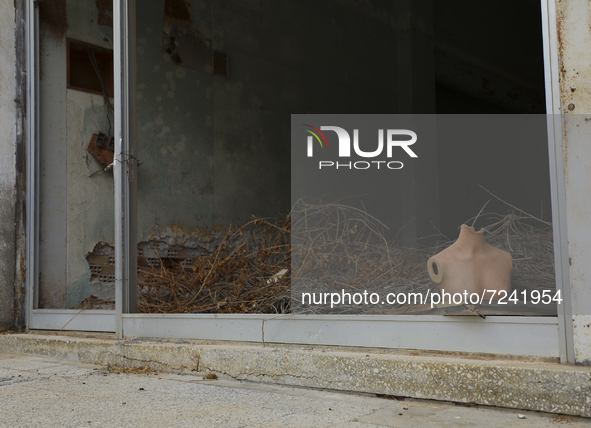 A mannequin stands in an abandoned shop building, fenced off by the Turkish military since 1974, in the abandoned coastal area of Varosha, a...