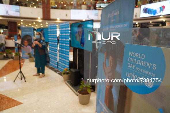 A speaker addresses after unveiling symbolic pandemic classroom during the UNICEF Child Rights Week starting from National Children's Day to...