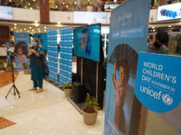 A speaker addresses after unveiling symbolic pandemic classroom during the UNICEF Child Rights Week starting from National Children's Day to...