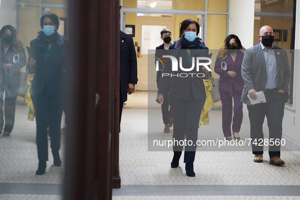 DC Mayor Muriel Bowser arrives to hold a press conference about Covid19 pandemic Situational Update today on November 16, 2021 at John A. Wi...