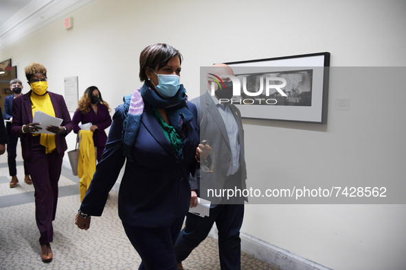 DC Mayor Muriel Bowser arrives to hold a press conference about Covid19 pandemic Situational Update today on November 16, 2021 at John A. Wi...