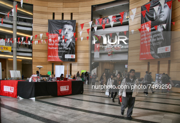 Students walk through Vari Hall at York University in Toronto, Ontario, Canada. York University is a public research university in Toronto,...