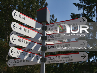 Signs at York University in Toronto, Ontario, Canada. York University is Ontario's second-largest graduate school and Canada's third-largest...