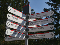 Signs at York University in Toronto, Ontario, Canada. York University is Ontario's second-largest graduate school and Canada's third-largest...