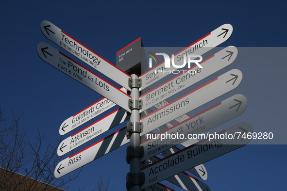 Signs at York University in Toronto, Ontario, Canada. York University is a public research university in Toronto, Ontario, Canada. It is Ont...