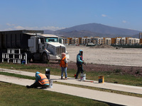 Employees working in the construction of the new "Felipe Ángeles" International Airport, are seen during a press tour in the facilities of t...