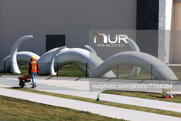 Employees working in the construction of the new "Felipe Ángeles" International Airport, are seen during a press tour in the facilities of t...