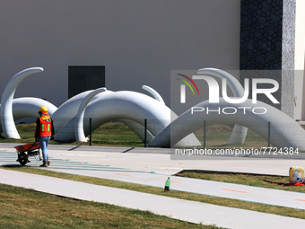 Employees working in the construction of the new "Felipe Ángeles" International Airport, are seen during a press tour in the facilities of t...