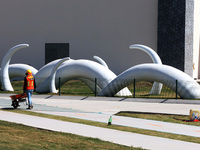 Employees working in the construction of the new "Felipe Ángeles" International Airport, are seen during a press tour in the facilities of t...