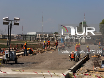 Employees working in the construction of the new "Felipe Ángeles" International Airport, are seen during a press tour in the facilities of t...