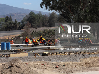 Employees working in the construction of the new "Felipe Ángeles" International Airport, are seen during a press tour in the facilities of t...