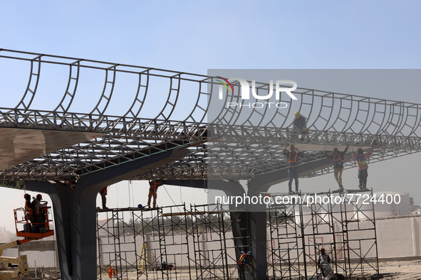 Employees working in the construction of the new "Felipe Ángeles" International Airport, are seen during a press tour in the facilities of t...