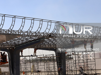 Employees working in the construction of the new "Felipe Ángeles" International Airport, are seen during a press tour in the facilities of t...