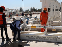 Employees working in the construction of the new "Felipe Ángeles" International Airport, are seen during a press tour in the facilities of t...