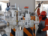 Employees working in the construction of the new "Felipe Ángeles" International Airport, are seen during a press tour in the facilities of t...