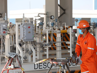 Employees working in the construction of the new "Felipe Ángeles" International Airport, are seen during a press tour in the facilities of t...