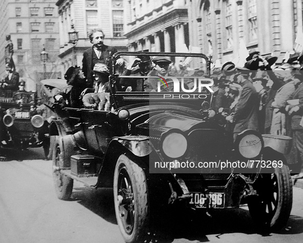 USA New York -- 1921 -- Albert Einstein in 1921, as he rode in a motorcade in New York City with crowds welcoming his first visit to the Uni...