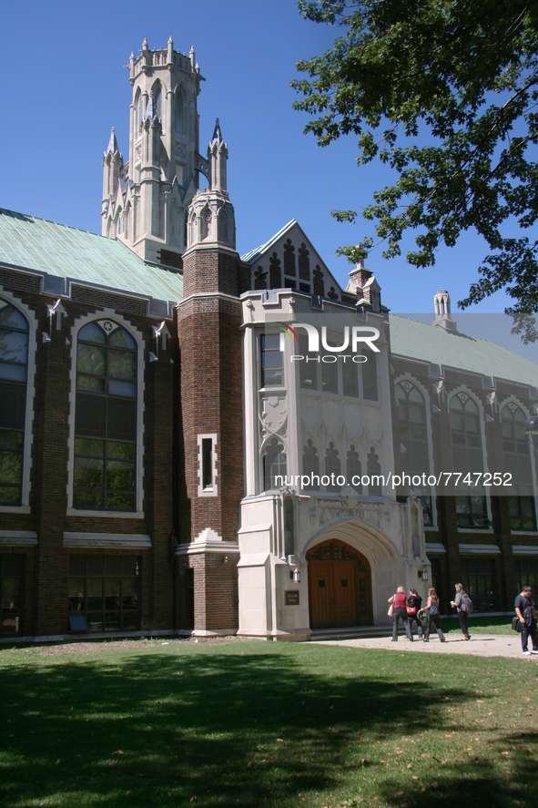 Students enter Dillon Hall at the Assumption College building of the University of Windsor in Ontario, Canada. 