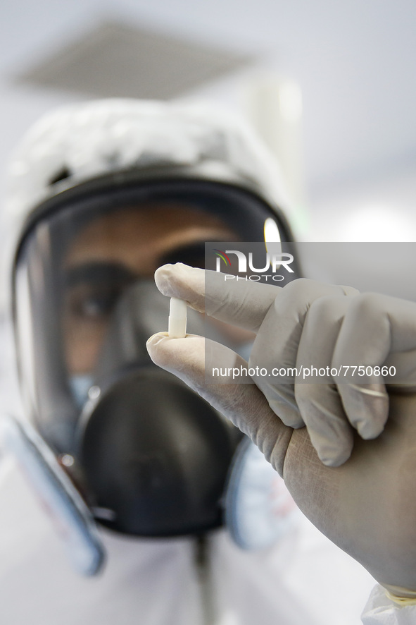 Laboratory technicians wearing full face masks and protective suits work to produce molnupiravir, the first tablet drug used to treat corona...