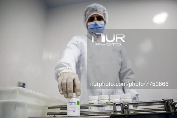 Laboratory technicians wearing full face masks and protective suits work to produce molnupiravir, the first tablet drug used to treat corona...