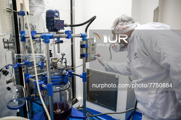 Laboratory technicians wearing full face masks and protective suits work to produce molnupiravir, the first tablet drug used to treat corona...