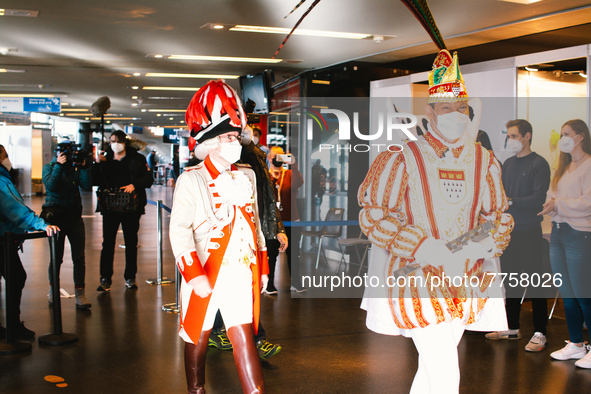 Prince carnvial Sven I. of  Triumvirate arrives at vaccine station at Lanxess Arena in , Germany on Feb 12, 2022 a week before the cologe ca...