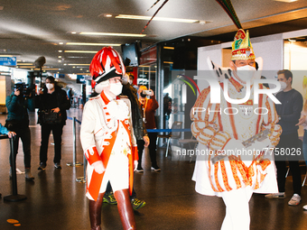 Prince carnvial Sven I. of  Triumvirate arrives at vaccine station at Lanxess Arena in , Germany on Feb 12, 2022 a week before the cologe ca...