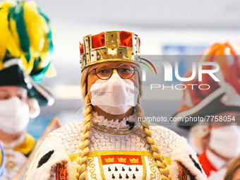 Jungfrau carnvial Gerdemie of  Triumvirate is seen at  vaccine station of Lanxess Arena in , Germany on Feb 12, 2022 a week before the colog...