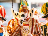 Prince carnvial Sven I. of  Triumvirate speaks at vaccine station at Lanxess Arena in , Germany on Feb 12, 2022 a week before the cologe car...