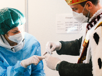 cologne Triumvirate are seen inside the lab with medical staff at vaccine station at Lanxess Arena in , Germany on Feb 12, 2022 a week befor...