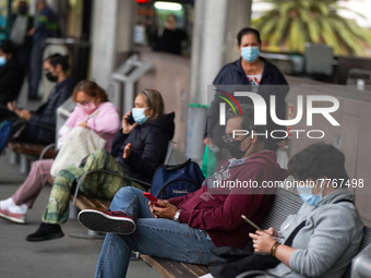 People wait at a bust stop in Santa Cruz de Tenerife on 13 February 2022. (