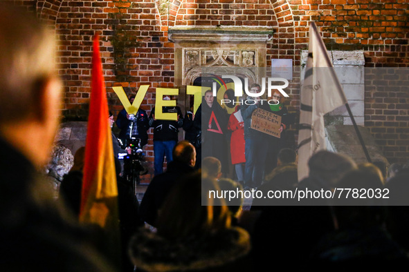 People attend 'Stop Lex Czarnek' protest at the Main Square in Krakow, Poland on February 15, 2022. So-called 'Lex Czarnek' proposed by the...