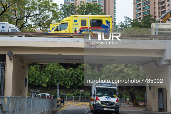 Ambulances arrive and leave the Queen Elisabeth Hospital Accident and Emergency ward in Kowloon, in Hong Kong, China, on February 17, 2022....