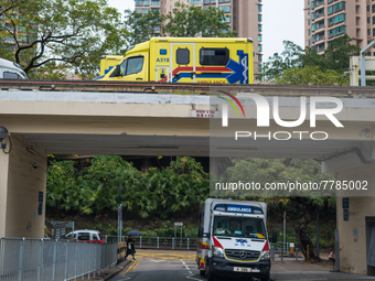 Ambulances arrive and leave the Queen Elisabeth Hospital Accident and Emergency ward in Kowloon, in Hong Kong, China, on February 17, 2022....