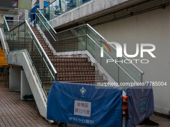 Access to the Accidents and Emergency services is cordoned off at Queen Elisabeth hospital, in Hong Kong, China, on February 17, 2022.  (