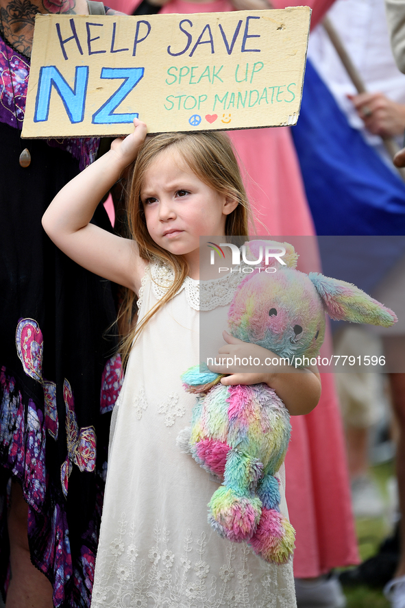 A little girl takes part in a protest organized by the Freedom and Rights Coalition in Christchurch, New Zealand on February 19, 2022 demand...