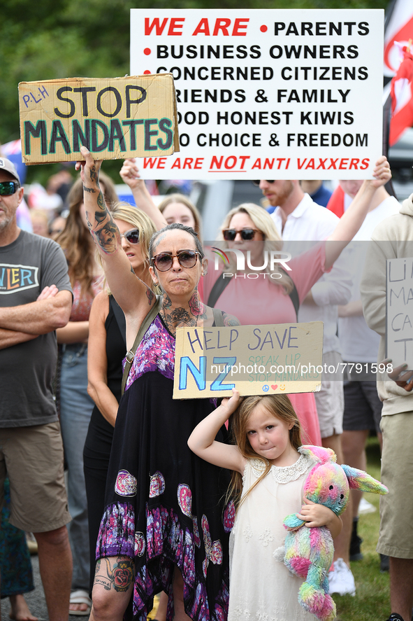 Members of the public take part in a protest organized by the Freedom and Rights Coalition in Christchurch, New Zealand on February 19, 2022...