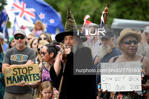 Members of the public take part in a protest organized by the Freedom and Rights Coalition in Christchurch, New Zealand on February 19, 2022...