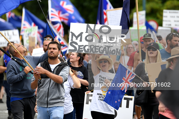 Members of the public take part in a protest organized by the Freedom and Rights Coalition in Christchurch, New Zealand on February 19, 2022...