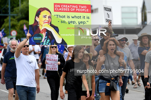 Members of the public take part in a protest organized by the Freedom and Rights Coalition in Christchurch, New Zealand on February 19, 2022...