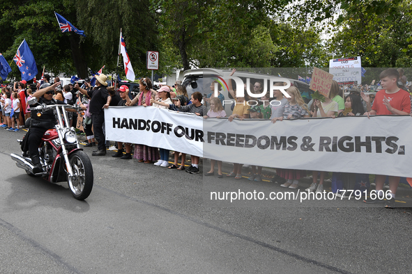 Members of the public take part in a protest organized by the Freedom and Rights Coalition in Christchurch, New Zealand on February 19, 2022...