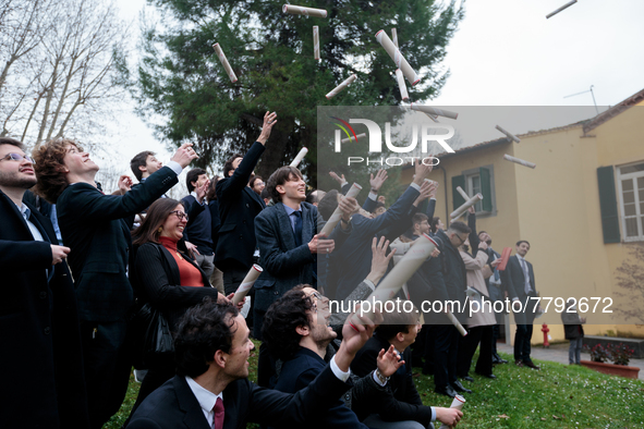 Students of Scuola Superiore San'Anna-university celebrate their diplomas in Pisa, Italy, on February 19, 2022.  Ceremony for the awarding o...