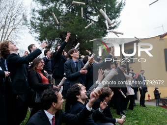 Students of Scuola Superiore San'Anna-university celebrate their diplomas in Pisa, Italy, on February 19, 2022.  Ceremony for the awarding o...