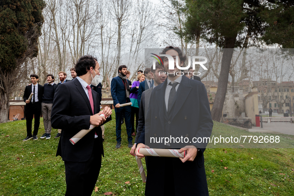 Students of Scuola Superiore San'Anna-university celebrate their diplomas in Pisa, Italy, on February 19, 2022.  Ceremony for the awarding o...