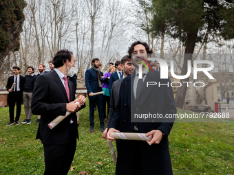 Students of Scuola Superiore San'Anna-university celebrate their diplomas in Pisa, Italy, on February 19, 2022.  Ceremony for the awarding o...