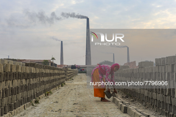 Workers are working at a brickyard in Dhaka Bangladesh on February 20, 2022.