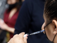 A nurse prepares a Sputnik-V dose booster  to supply it to a person inside Sport City facilities, during the mass vaccination campaign for c...