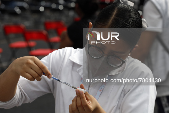 A nurse prepares a Sputnik-V dose booster  to supply it to a person inside Sport City facilities, during the mass vaccination campaign for c...