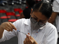 A nurse prepares a Sputnik-V dose booster  to supply it to a person inside Sport City facilities, during the mass vaccination campaign for c...