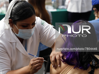 A person receives the Sputnik-V dose booster   inside Sport City facilities, during the mass vaccination campaign for citizens of 18 - 29 ye...